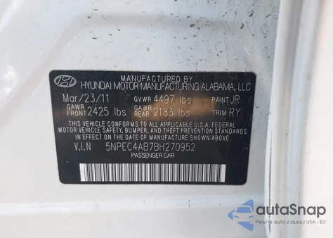 2011 Hyundai Sonata Se 2.0T z USA, uszkodzony, nr VIN 5NPEC4AB7BH270952